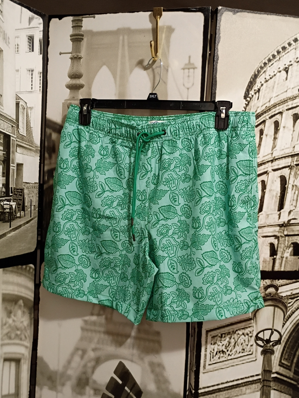 Mr.Swim Men Teal Green Floral Outline Swim Trunks Size large